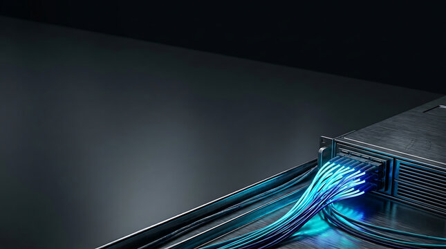 High speed fiber optic cables connected to a server blade enclosure in a modern dark data center environment for high bandwidth data transfer