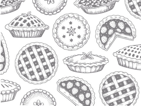 Hand-drawn sketchy pie pattern with various fruit and lattice toppings