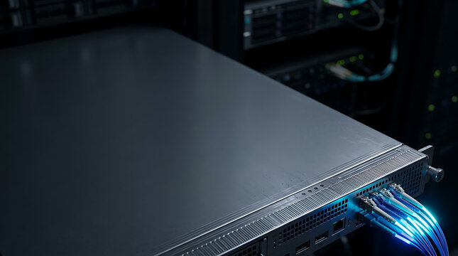 High performance server blade enclosure in modern network data center with blue glowing fiber optic ethernet cables