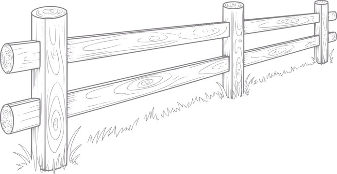 Rustic wooden split rail fence with grass, hand-drawn