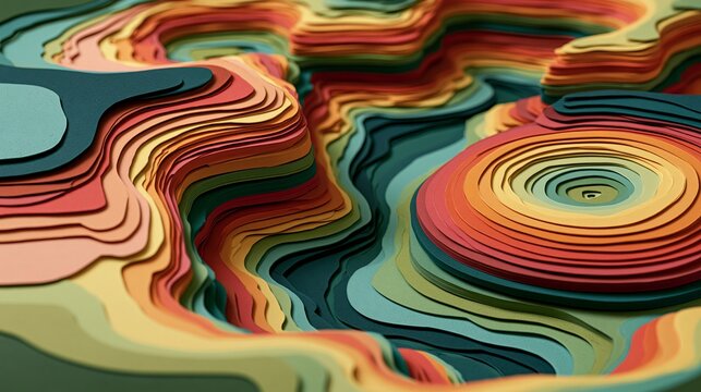 Abstract topographic map illustration featuring layered paper cut style with vibrant warm and cool colors in a deep 3d perspective