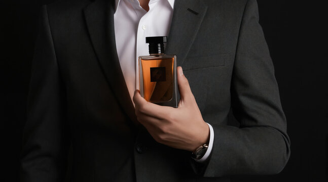 Man in formal suit holds glass perfume bottle. Elegant businessman shows luxury fragrance. Gentleman offers cologne for personal care and style.