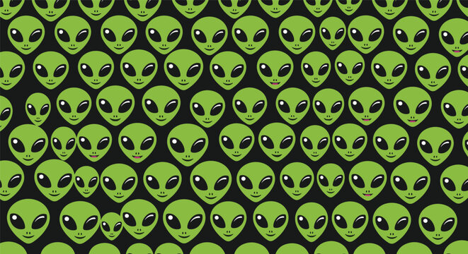 Seamless pattern of cute green alien faces with big black eyes on a dark background perfect for science fiction themes and spooky designs.