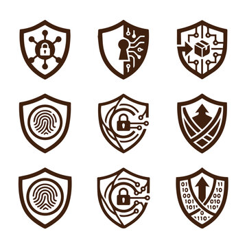 Set of cybersecurity shield icons featuring digital locks fingerprints binary code and circuitry patterns for network protection