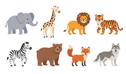 Cartoon safari animals collection elephant giraffe lion tiger zebra bear fox wolf © Mostofa