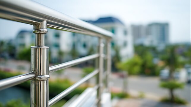 Modern stainless steel balcony railing with blurred residential background.