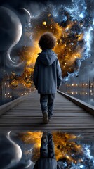 Obraz premium A child walks on a wooden pier toward a cosmic explosion of fire and ice, with a surreal background reflecting inner turmoil and wonder.