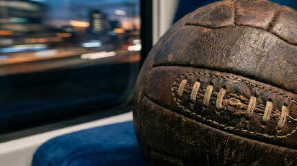 Vintage leather American football resting on a blue train seat with motion-blurred city lights in the background