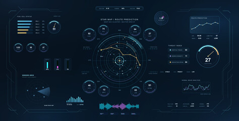 Star Map Route Prediction HUD with Space Navigation Interface. Sci-fi HUD cockpit, star map route prediction, space navigation radar, fuel cell status, sensor grid. Sci-fi head up display. Vector © 24 std