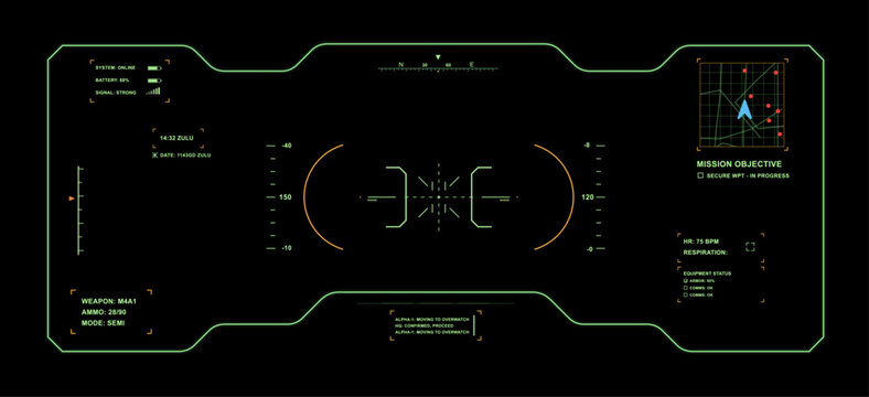 Tactical Mission HUD Interface with Targeting Reticle Display. Tactical HUD interface with targeting reticle, weapon ammo, minimap, vitals, tactical fi data for military game display. Vector 