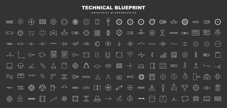 Technical Blueprint Icons and Industrial Micrographics Set. Technical blueprint icon set with industrial micrographics, tech tags, labels, engineering symbols, mechanical parts. Vector set 