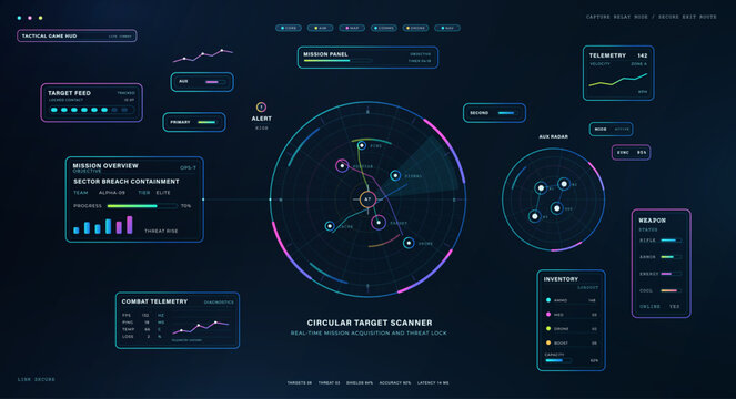 Tactical Game HUD with Circular Target Scanner Interface. Cyberpunk HUD, tactical game interface with circular target scanner, radar, mission panel, combat telemetry, weapon status. Vector Sci-fi