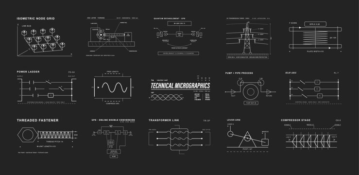 Technical Engineering Diagrams and Circuit Micrographics Set. Technical engineering diagrams set with circuit schematics, mechanical drawings, power. Vector micrographics, schematic, label tags