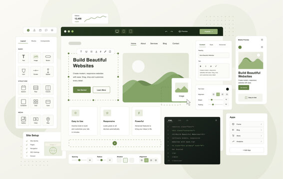 Website Builder Interface and Responsive Web Design Editor. Website builder interface for creating responsive website layouts, drag and drop editor, UI, UX design, loading page. Vector illustration