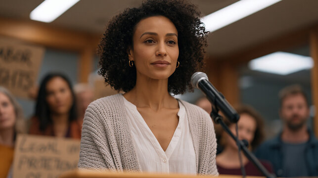 A woman in her forties speaks at a city council podium, a small group of supporters behind her holding handwritten signs advocating for labor rights and legal protections, the