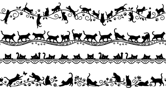 Seamless black cat silhouette borders set, peeking cats, walking felines, and playful kittens with floral vines and paw prints, monochrome vector illustration on white background