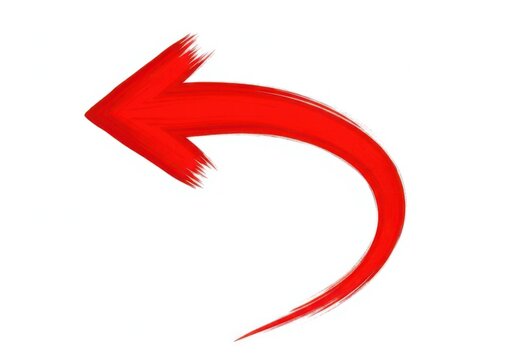 Red curved arrow pointing left with a hand drawn brush stroke texture design element isolated on white background