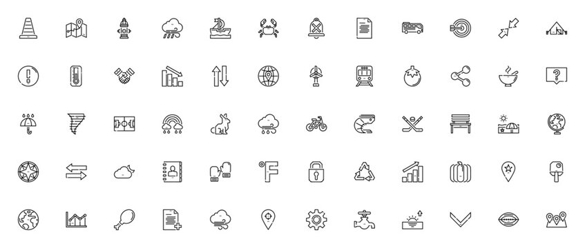 Miscellaneous icon set. Minimalist line icons. Includes symbols for cone, fire hydrant, wind, bus, target, temperature, train, rainbow and more. Editable vector stroke.