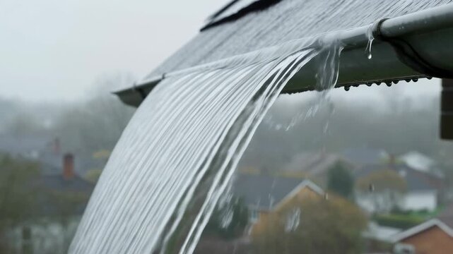 Water cascading from a rooftop gutter during a rainy day. Represents the beauty of nature's cycles and the importance of proper drainage systems