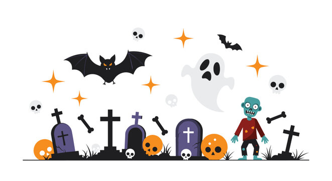 Flat vector illustration of a spooky cemetery scene with ghosts zombies bats skulls and tombstones under a starry night sky for Halloween.