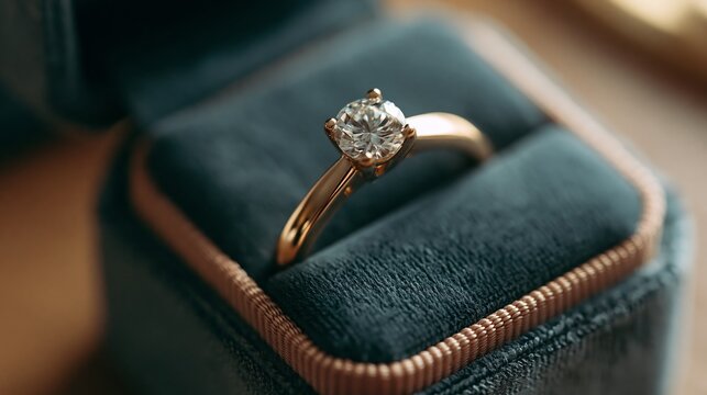 Elegant gold diamond engagement ring resting inside a soft dark velvet box with warm lighting and a shallow depth field