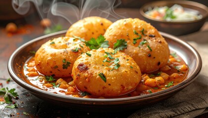 Fototapeta premium Steaming Hot South Indian Medu Vada with Sambar and Chutney.