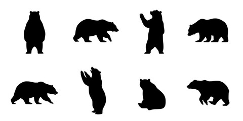 Fototapeta premium Bears in Various Poses as Black Silhouettes Against a White Background Featuring Animal, Wildlife, Nature with Standing and Sitting Elements