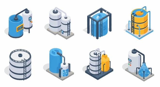 Set of isometric industrial tanks and silos for storage and processing.