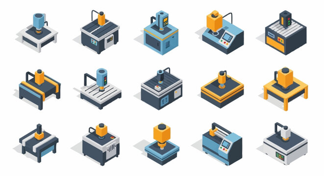 Set of isometric 3D icons representing various industrial machines and equipment, including CNC machines and 3D printers, on a white background.