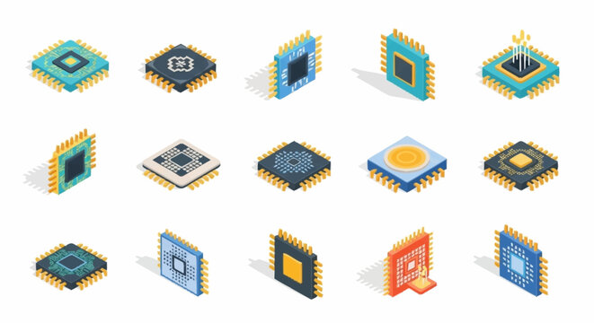 Collection of isometric computer processors and microchips with gold pins on a white background.