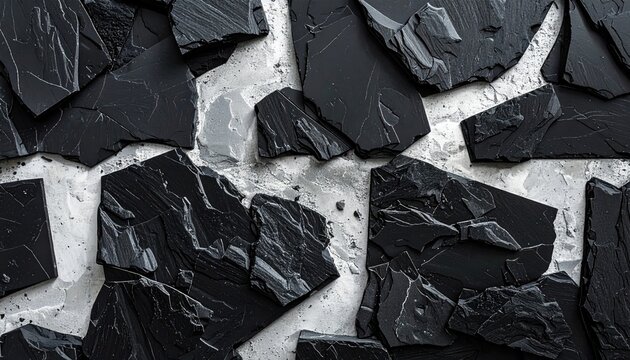 Abstract Dark Rock Fragments Scattered on a Textured Surface.