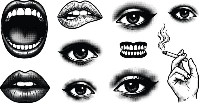 Vintage halftone pop art design elements set featuring screaming mouth biting lips smoky eyes and smoking hand