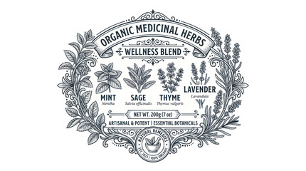 Organic medicinal herbs label with vintage botanical sketches © Crit