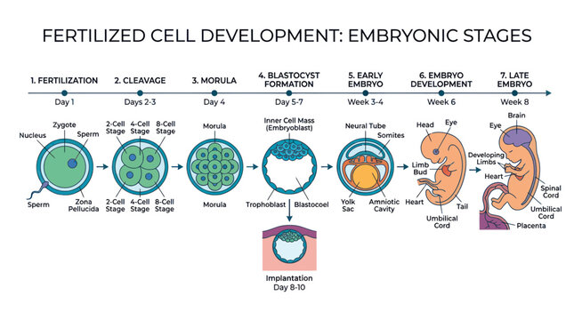 Human embryonic development stages from fertilization to eight weeks