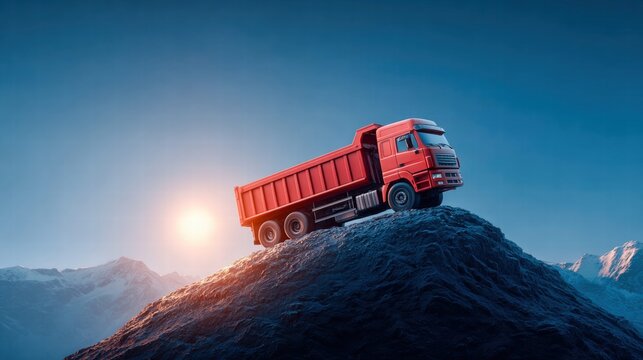 A bold red dump truck conquers a mountain, symbolizing ambition and overcoming obstacles.
