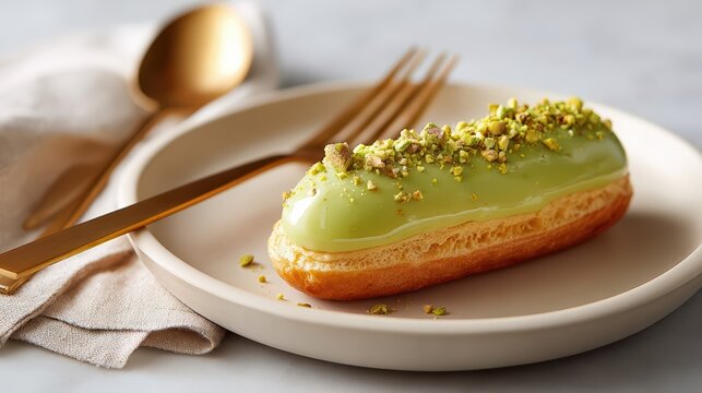 A pistachio-glazed eclair sits elegantly on a ceramic plate, topped with crushed nuts. The glossy dessert embodies French pastry art and delicious gourmet flavor.