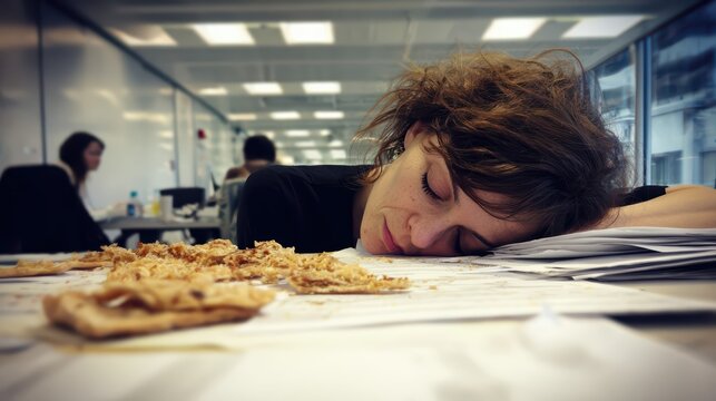 A tired woman naps on a pile of paperwork in a busy office, surrounded by crumbs and food. This scene highlights workplace exhaustion and stress with a messy desk setting.
