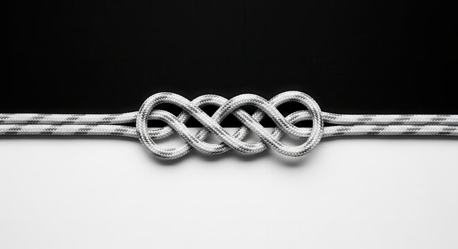 Silver infinity knot on twisted rope against black and white background
