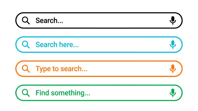 modern search bars with magnifying glass and microphone icons illustrating ui input fields for web and app design concepts.