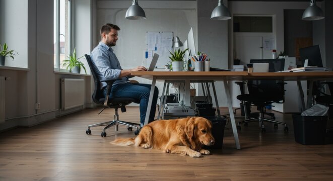 Man working on laptop with a golden retriever dog resting under his desk at home or modern office. Pet friendly workspace concept.