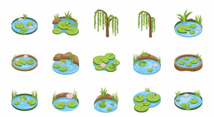 Obraz premium Collection of stylized ponds with water lilies and weeping willow trees, isolated on white background.