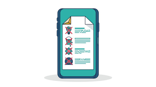 problem maintenance and failure checklist on a smartphone screen illustrating broken items and errors in a flat vector design concept.