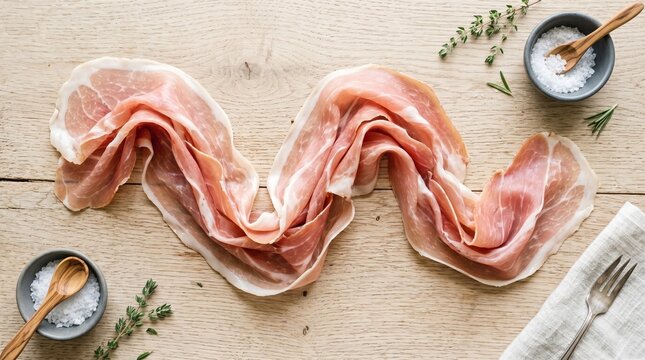 Slices of Fresh Prosciutto with Herbs on Wooden Table