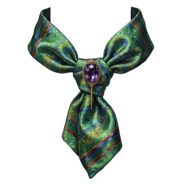 Elegant Green Silk Scarf with Ornate Purple Gem Brooch