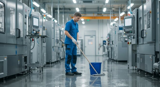 Cleaner man mopping floor in factory. Industrial cleaning and maintenance. Janitor worker taking care of facility hygiene.