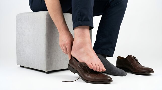 Man struggling to put on shoe with swollen foot and ankle