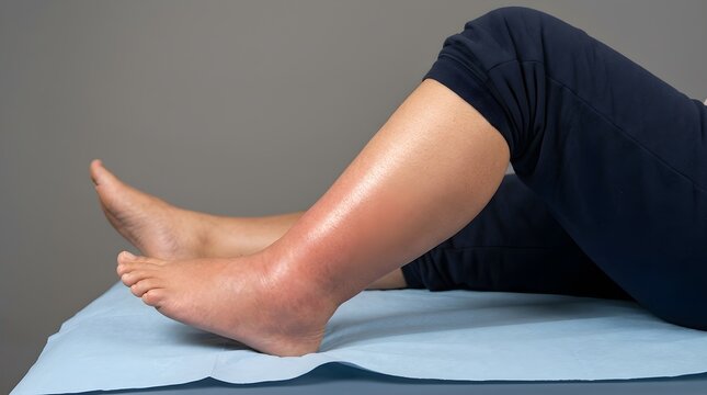 Person with a severely swollen and inflamed leg and ankle edema