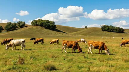 Naklejka premium Cows graze on a green grassy hill under a blue summer sky with white clouds. Some cattle eat grass in a wide open field. The herd wanders freely on sunny pasture.