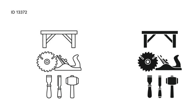 Woodworking tools and bench vector graphics set with saw plane and hammer for carpentry and DIY projects
