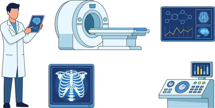 Medical diagnostic equipment vector set featuring doctor checking brain scan CT scanner MRI machine x-ray and ultrasound monitor symbols